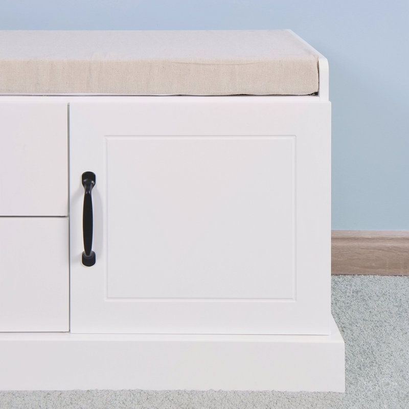 Meuble à chaussures en bois avec 2 tiroirs et 2 portes avec banc de rangement pour le salon et coussin blanc