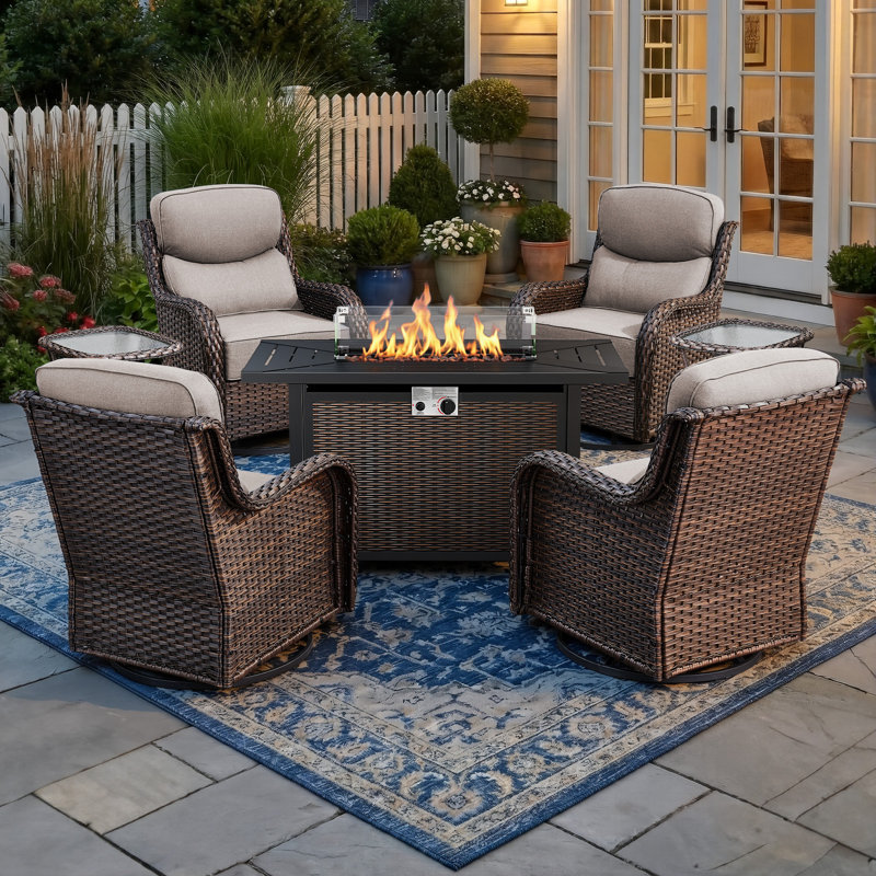 4 - Person Patio Furniture Chair Set With Fire Pit Table, 4 Swivel Glider Chairs With 6-Inch Cushions & Side Table, Beige