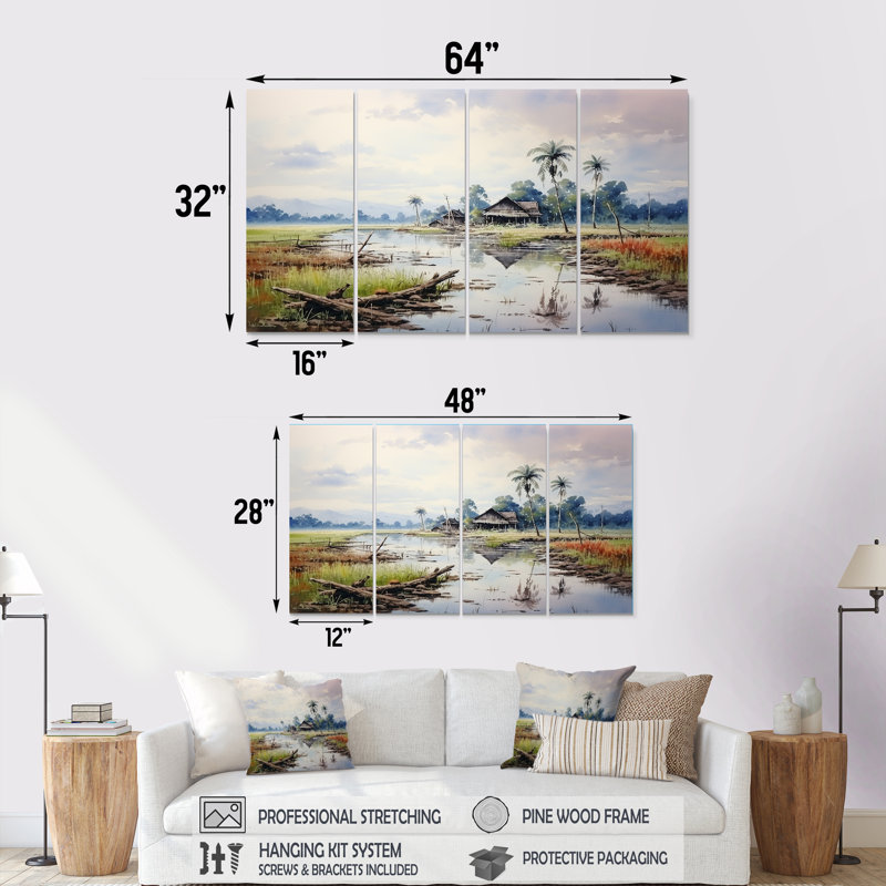 Indonésien sérénité, paysage tranquille - Indonésie, art mural 4 pièces, H 28 po x l 48 po