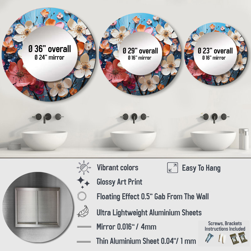 Reyden bleu et rose cornouiller IV - miroir mural cornouiller, miroir rond bleu, 23 po x 23 po