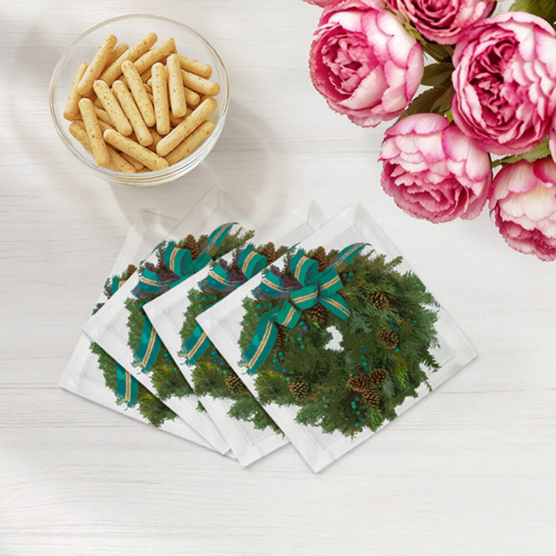 Christmas Wreath Cotton Sateen Cocktail Napkins, White