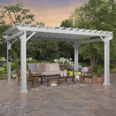Backyard Discovery Hawthorne 14' x 10' Traditional Galvanized Steel Outdoor Patio Pergola Kit with Shade Sail Canopy and PowerPort