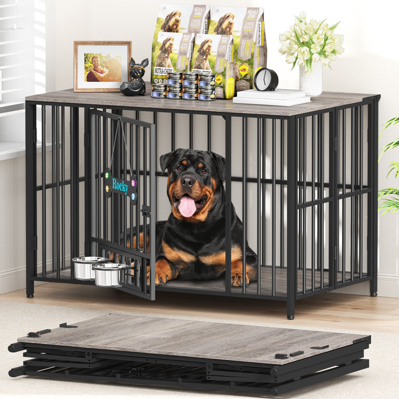 Large Foldable Dog Crate Furniture, Assembly-Free Dog Crate With Adjustable Bowls And Name Tag For Small, Medium, Large Dog