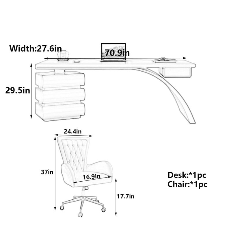 Bureau moderne crème avec travail spacieux, H 29,5 po x l 70,9 po x P 27,6 po