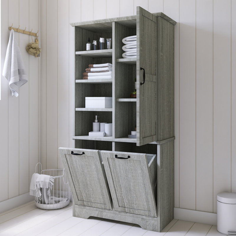 68" Tall Bathroom Storage Cabinet With Open Shelve, Oak