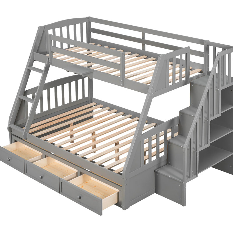 Lit superposé simple gris avec tiroirs et support de décoration. Structure en bois massif pour plus de stabilité. Options de rangement supplémentaires. Conception polyvalente. Barrières de sécurité sécuritaires. Matelas vendu séparément et caractéristiques. Fabrication.