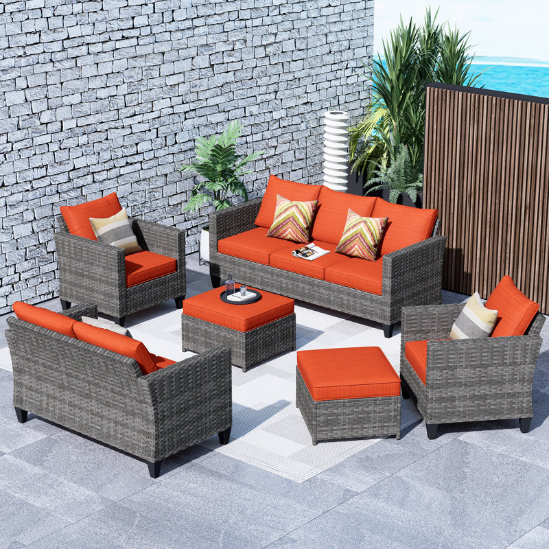 Ensemble de conversation d'extérieur pour 7 personnes avec coussins, Orange / Rouge