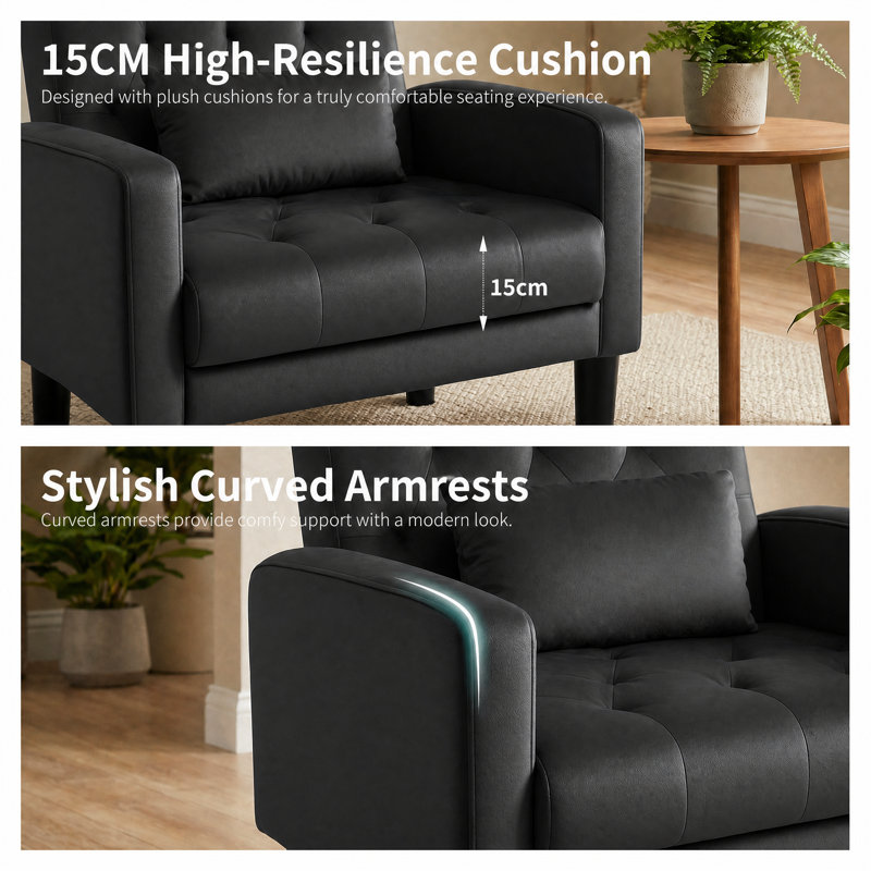 Armchair Modern Accent Chair Comfy Upholstered Seats Armchairs for Living Room Bedroom Dining Room, Black Leather, 1