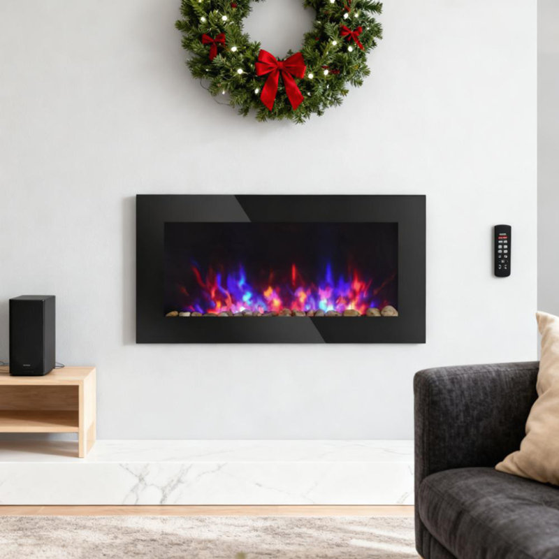 Electric Wall-Mounted Fireplace With Realistic Flame Effect, 7 Colour Background Light And Adjustable Heating For Cozy Ambiance
