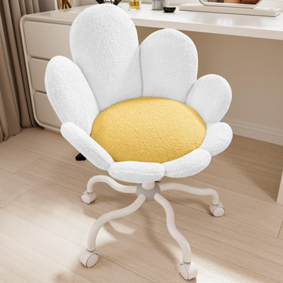 Vanity Chair with Wheels and Back, Cute Daisy Flower Comfy Upholstered Fuzzy Vanity Chair for Girls Makeup