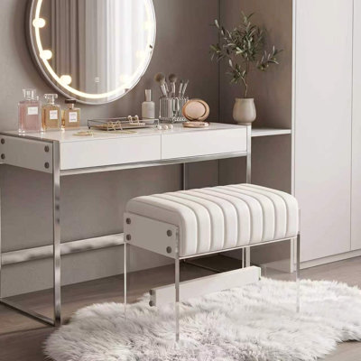 Tabouret de coiffeuse blanc capitonné avec pieds en acrylique transparent, banc de maquillage moderne et rembourré pour chambre à coucher