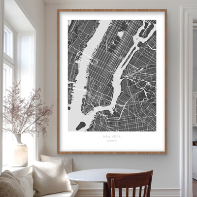 New York Graphic Map - Typo & Symbols Gray Framed Print
