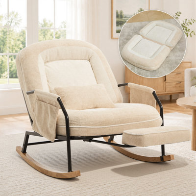 Fauteuil à bascule surdimensionné pour chambre d'enfant avec repose-pieds rétractable, revêtement en fausse fourrure douce, dossier réglable à 4 positions, coussin lombaire et poche latérale