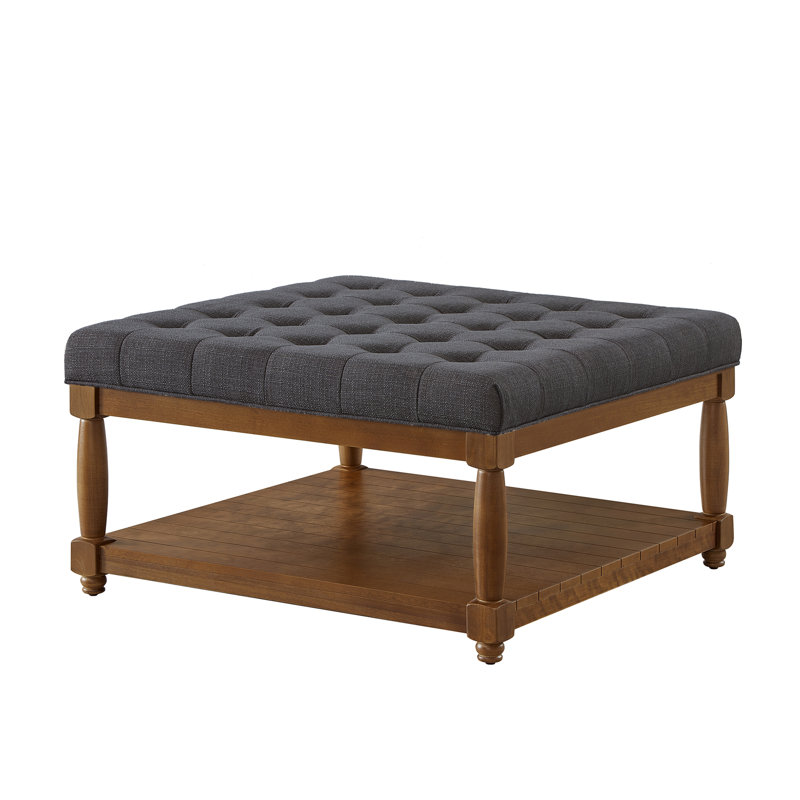 Square Upholstered Tufted Linen Ottoman Coffee Table, Charcoal
