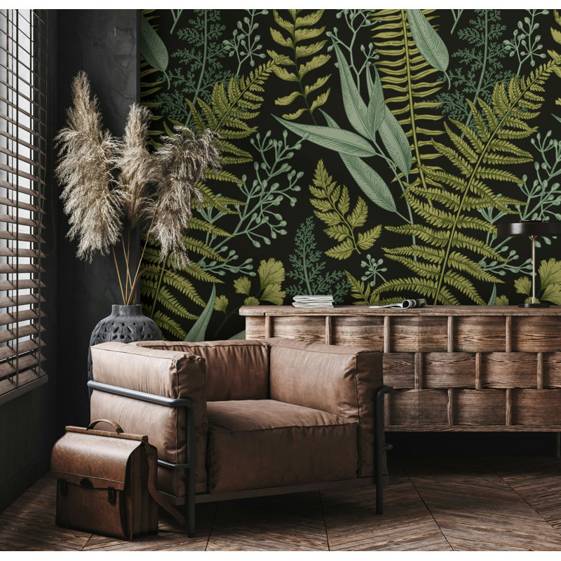 Dark Botanical Fern and Sage Green Leaf Wallpaper, 106"L x 187"W