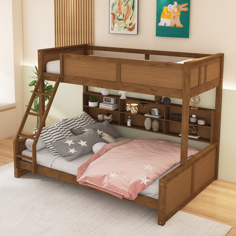 Lit simple superposé au-dessus de grand lit simple avec armoires de rangement et ports USB, Jumeaux sur complet, Brun