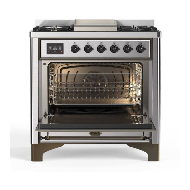 ILVE Majestic II Series 36 inch Dual Fuel Range with 6 Sealed Burners (Glass Door), Natural Gas, Stainless Steel/Bronze