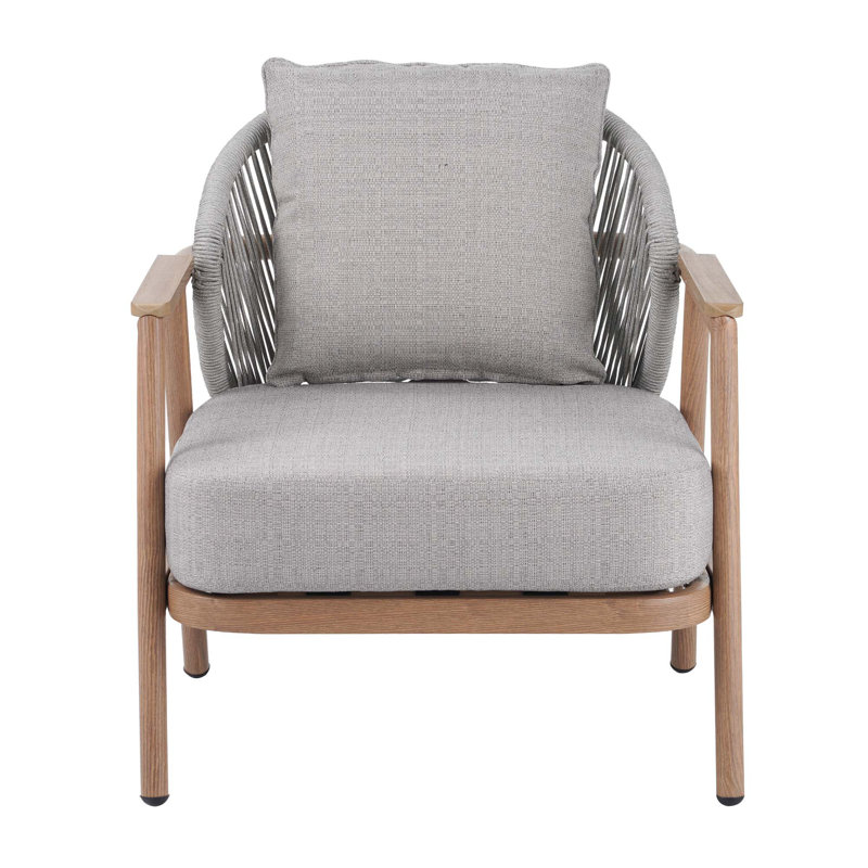 Fauteuil club d'extérieur en corde Orla, ensemble de 1, Coussin taupe / structure en teck