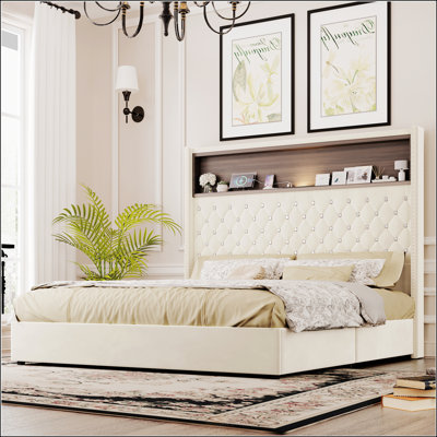 Structure de lit pour grand lit en velours capitonné avec port USB, veilleuse et tablette de tête de lit, hauteur 52 po, avec rivet, beige