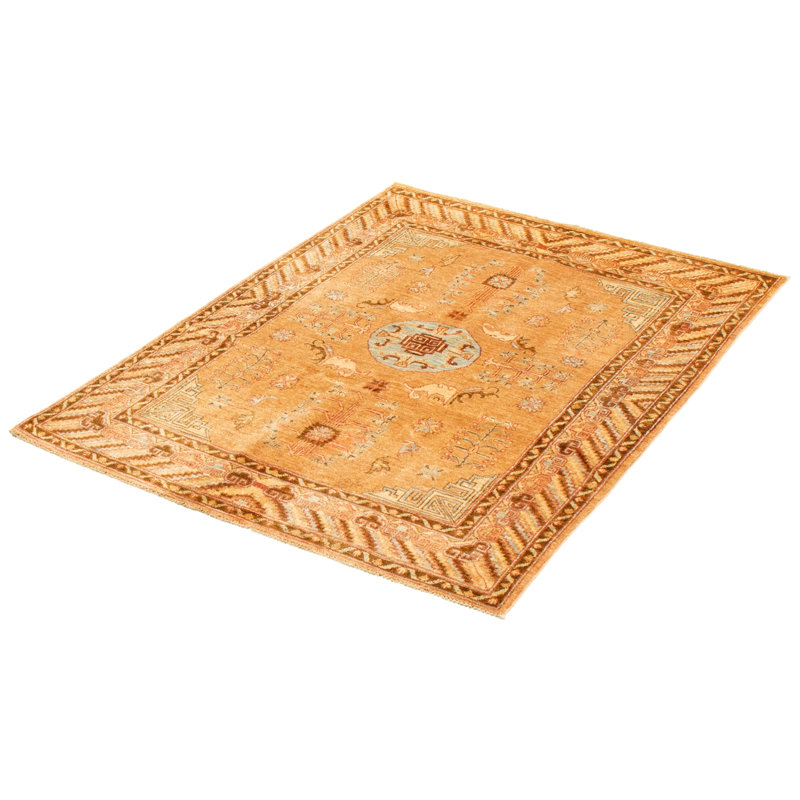 Tapis décoratif de laine brun clair en laine de conception unique 4 pi 9 po x 6 pi 2 po noué à la main New Age