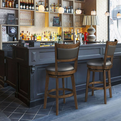 26" Swivel Stools Set Of 2, Black Faux Leather Upholstered Seat & Solid Wood Footrest, Stool For Kitchen Island & Pub