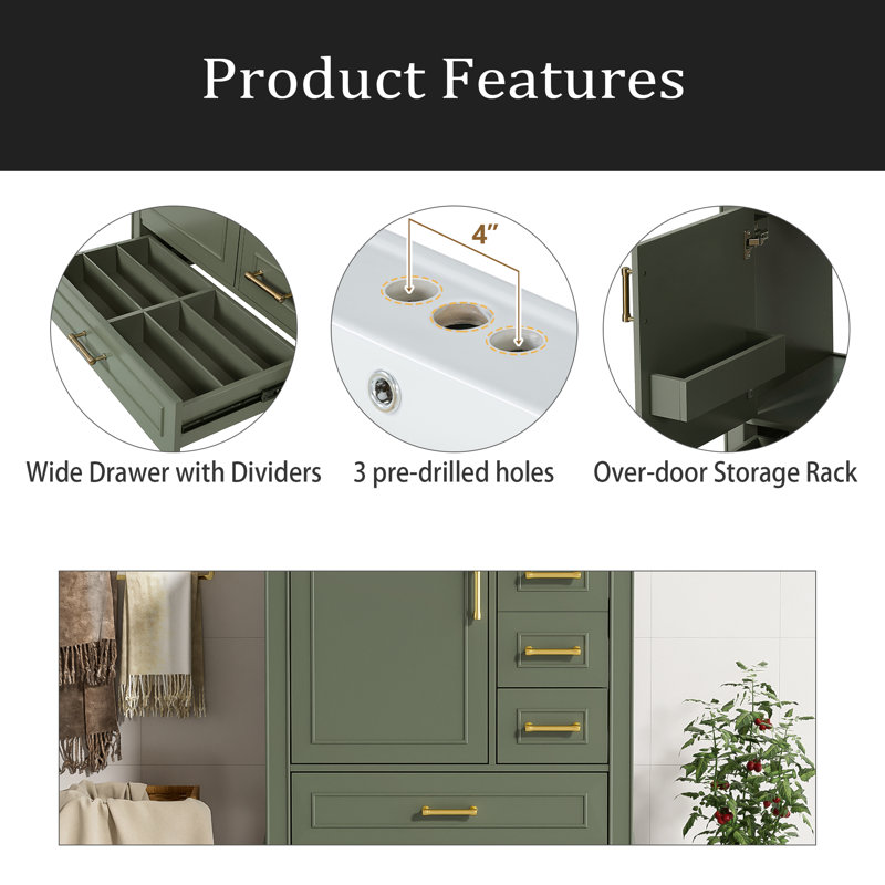 Meuble-lavabo de 30 po avec lavabo en céramique, porte à fermeture en douceur avec tablette intégrée, tiroir profond, tiroir standard, grand tiroir diviseur, grande armoire de rangement pour la salle de bain, design moderne et fonctionnel