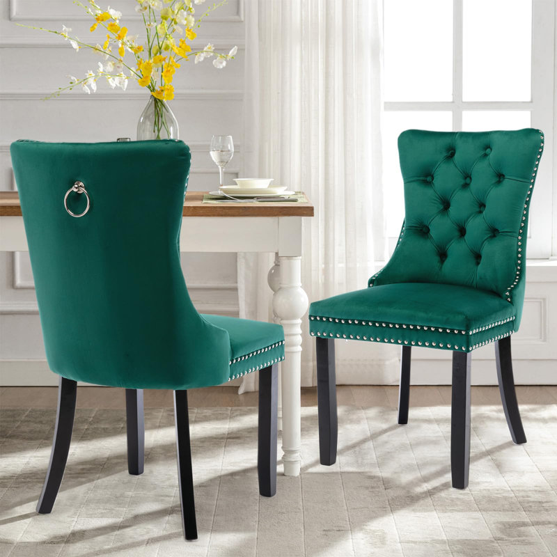 Chaise de salle à manger en velours avec anneau à dossier et pieds en bois massif, Vert, Noir, 2