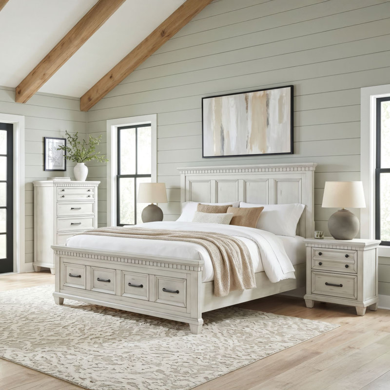 Ensemble de chambre avec très grand lit 4 pièces Vertou, Ensemble de quatre pièces : lit, commode, deux ta, Blanc