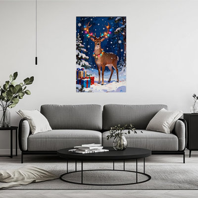 Lit Reindeer With Colorful Lights And Bell Unframed Canvas Wall Art 24" X 36"