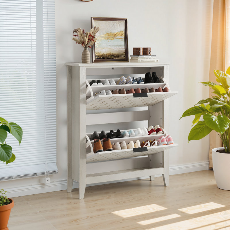 Armoire à chaussures rétro blanc avec 2 tiroirs rabattables, design Mid-Century rétro pour les couloirs et les vestibules