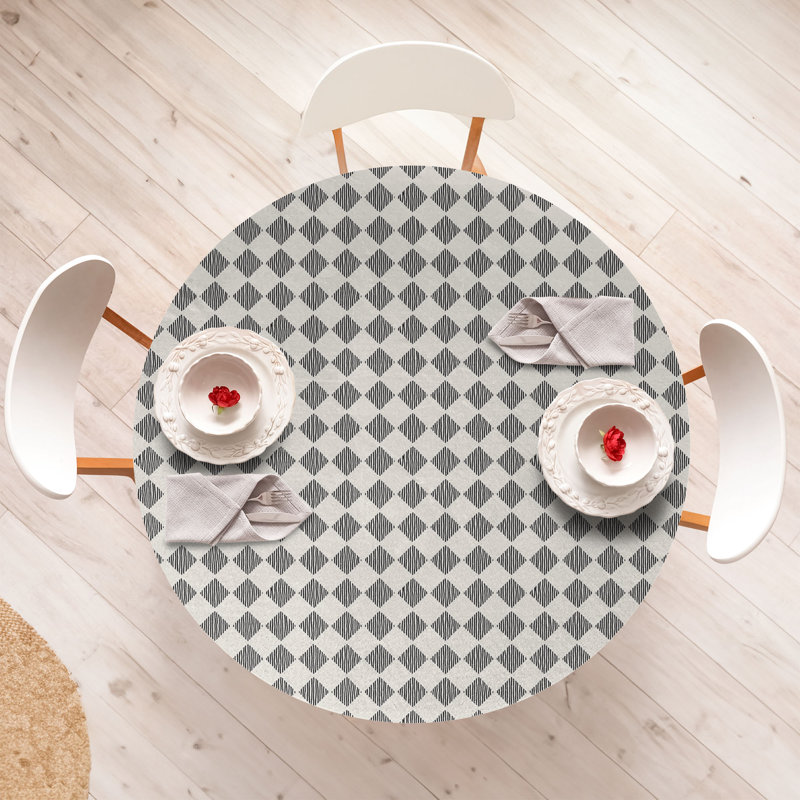 Gracie Oaks Abstract Fitted Round Tablecloth Diameter Dark Brown Eggshell
