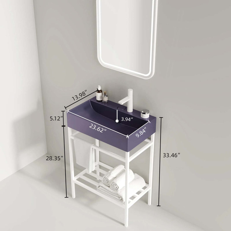 Bathroom Vanity with Ceramic Basin, Freestanding Bathroom Console Sink Set, Rectangular Ceramic Basin without Faucet, Open Metal Leg, Storage Shelves