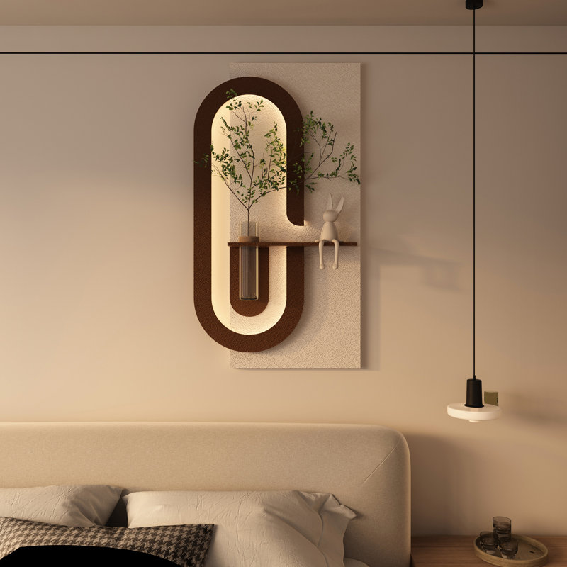 Télécommande - Décoration murale à DEL contrôlée avec verdure simulée, conception 3D, vase en verre et figurine de lapin, café pour salon Décor réglable: vase, Figurine chambre à coucher