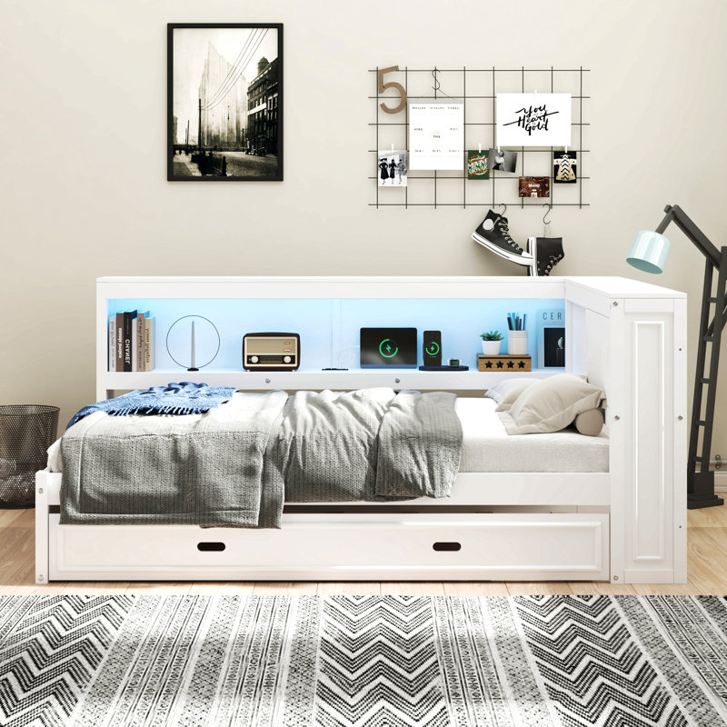 Lit de jour en bois pleine grandeur avec tablettes de rangement, USB, DEL et lit gigogne, blanc, Blanc