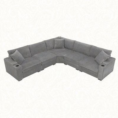Canapé modulaire convertible en forme de L, canapé d'angle en velours côtelé avec rangement pour accoudoirs, porte-gobelets, chargeur USB, coin irrégulier, canapé modulaire surdimensionné et confortable pour le salon, un appartement