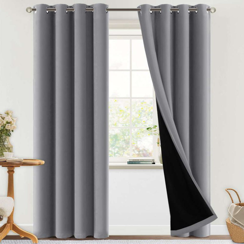 Eliott Solid 100% Blackout Thermal Insulated Grommet Curtain Panels Heat and Full Light Blocking Curtains for Living Room with Black Liner 2 Panels Set