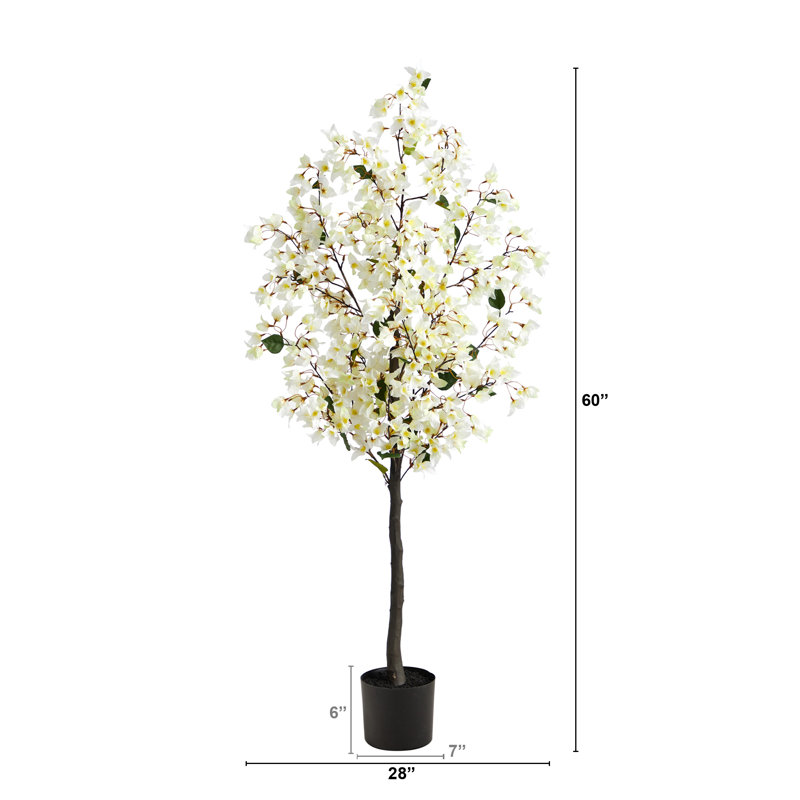 Faux Flowering Tree in Planter, 60" H x 24" W x 12" D, White