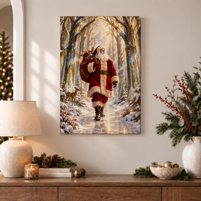 «Santa Claus And Deer In Glowing Snowy Forest Christmas», art mural sur toile