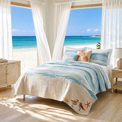 Ocean Breeze Reversible Embroidered Quilt Set