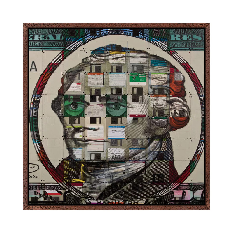 Alexander Hamilton On Floppy Diskettes by Taylor Smith - Print on Canvas, 66.04 cm H x 66.04 cm W, Classic Brown Wood Framed