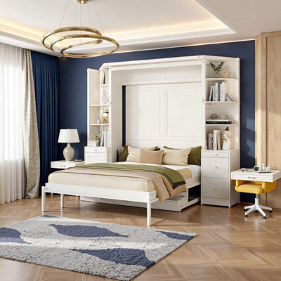 Queen Murphy Wall Bed with Built-In Desk, Shelves & Cabinets | Space-Saving Light Gray