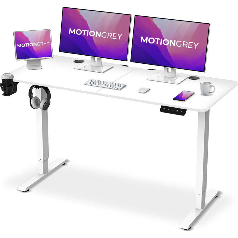 Bureau debout électrique en L, Blanc / blanc, 55 po x 24 po