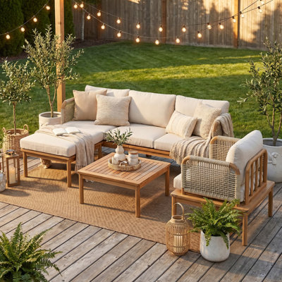 4 Pieces Acacia Wood Furniture Set, Patio Conversation Sofa with Coffee Table and Ottoman, Outdoor 3-Seater Sofa Set for Backyard Balcony Gardern