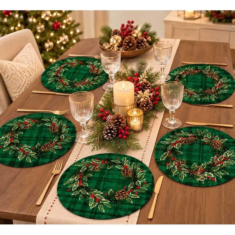 Ensemble de 4 napperons verts à motif de guirlande de Noël vert 4 pièces Holly Leaf