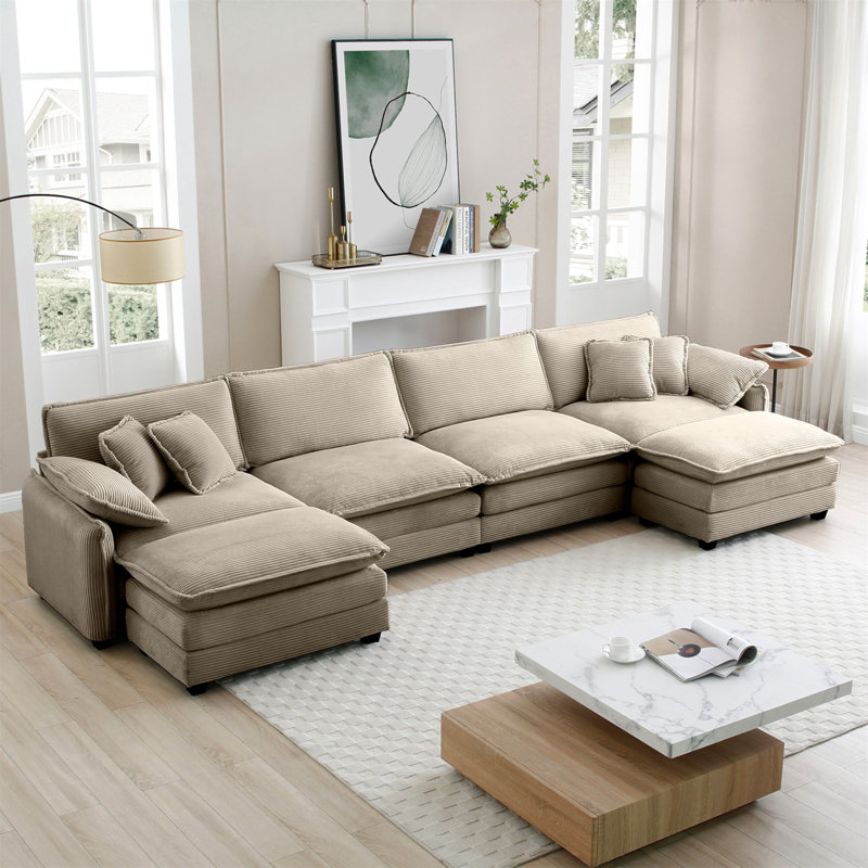 Oversized Modular Cushioned Sofa With Conversible Ottoman, Gray, 33.85" H x 150.38" W x 34.25" D