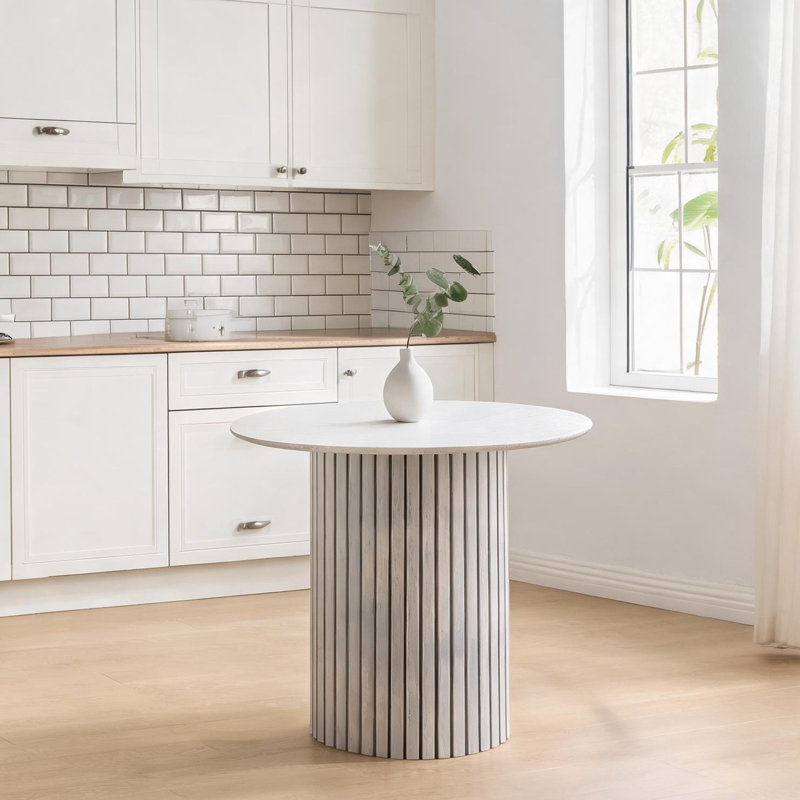 Table de salle à manger ronde pour 4 personnes en bambou et contreplaqué blanc doux