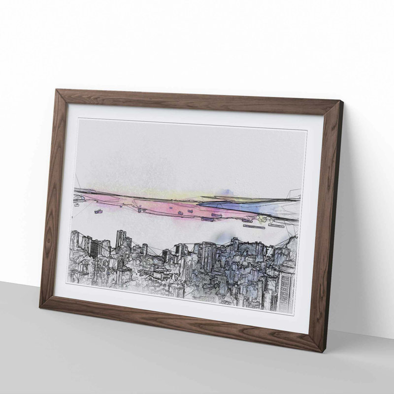 Vancouver Canada Skyline in Abstract - Picture Frame Graphic Art Print, 50cm H x 76cm W x 2cm D, Walnut