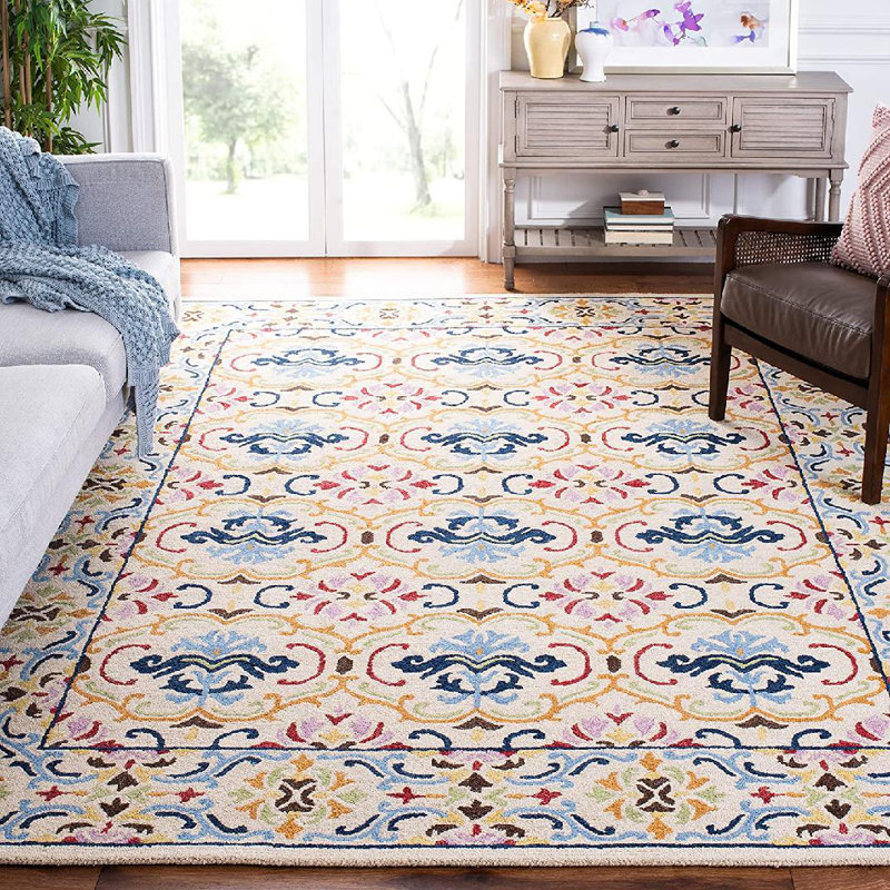 Tapis bleu / jaune / rose en laine / coton touffeté à la main Maxcine, Carré 5 pi