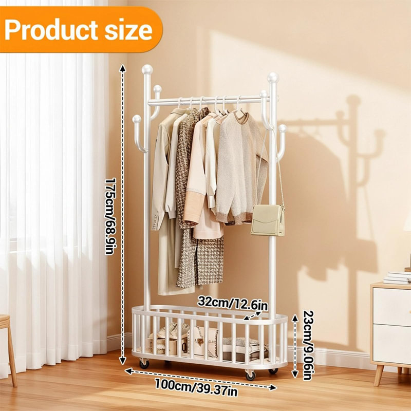 Grand porte-vêtements avec panier de rangement, porte-vêtements de sol avec crochets et roulettes, porte-vêtements à roulettes multifonctionnel pour chambre à coucher et salon