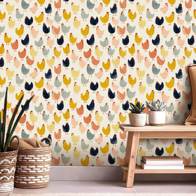 Papier peint à peler et coller, papier de dessin animé, poules mignonnes, orange, bleu, beige, couleurs pour enfants, auto-adhésif et amovible, 24 po x 118 po (60 x 300 cm)